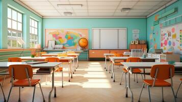 vacío salón de clases colegio sin estudiante o maestro, vacío silla y mesa, vacío estudiar habitación, ai generativo foto