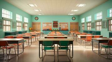 Empty Classroom school without student or teacher, empty chair and table, empty study room, AI Generative photo