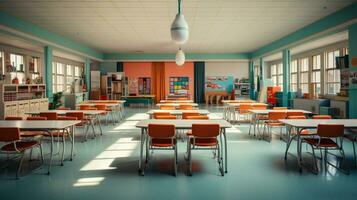 Empty Classroom school without student or teacher, empty chair and table, empty study room, AI Generative photo