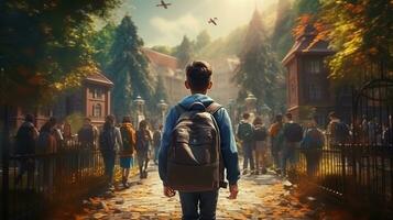 Kid with backpack going to school. back to school concept, AI Generative photo