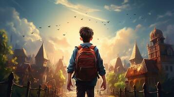 Kid with backpack going to school. back to school concept, AI Generative photo