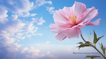 Beautiful Romantic scene - pink flower blossom in nature garden with clear sky, copy space, AI Generated photo