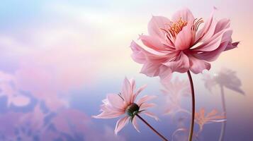 Beautiful Romantic scene - pink flower blossom in nature garden with clear sky, copy space, AI Generated photo