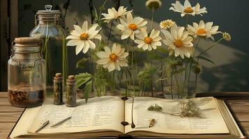 hermosa flor en abierto libro, sereno poesía concepto, ai generado foto