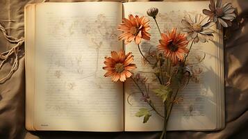 hermosa flor en abierto libro, sereno poesía concepto, plano poner, ai generado foto