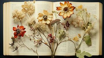 Beautiful Flower on open book, serene poetry concept, flat lay, AI Generated photo