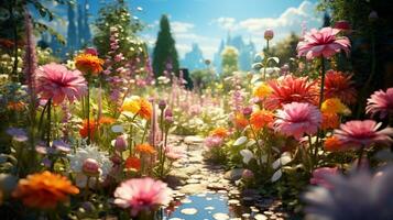 hermosa secreto jardín y vistoso verdor. digital pintura fondo, ai generativo foto
