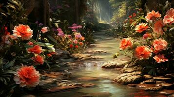 Beautiful secret garden and colorful greenery. Digital painting background, AI Generative photo