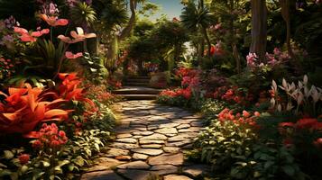 Beautiful secret garden and colorful greenery. Digital painting background, AI Generative photo