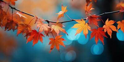 closeup colorful autumn bright autumn leaf, beautiful serene scenery, copy space for greeting card, AI Generative photo