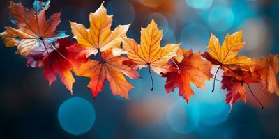 closeup colorful autumn bright autumn leaf, beautiful serene scenery, copy space for greeting card, AI Generative photo