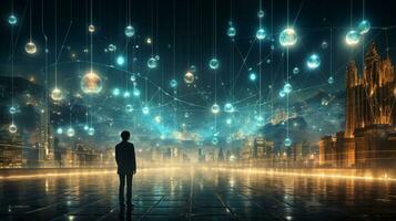 Global networking connection, Metaverse Technology, digital communication data exchanges, AI Generative photo