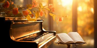 Close up of an elegant grand piano with warm sunlight, luxury, romantic scenery, music instrument, AI Generative photo