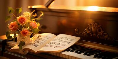 Close up of an elegant grand piano with warm sunlight, luxury, romantic scenery, music instrument, AI Generative photo