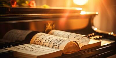 Close up of an elegant grand piano with warm sunlight, luxury, romantic scenery, music instrument, AI Generative photo