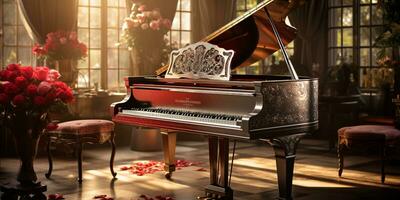 Close up of an elegant grand piano with warm sunlight, luxury, romantic scenery, music instrument, AI Generative photo