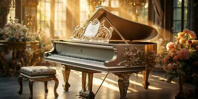 Close up of an elegant grand piano with warm sunlight, luxury, romantic scenery, music instrument, AI Generative photo