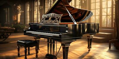 Close up of an elegant grand piano with warm sunlight, luxury, romantic scenery, music instrument, AI Generative photo