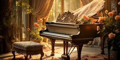 Close up of an elegant grand piano with warm sunlight, luxury, romantic scenery, music instrument, AI Generative photo