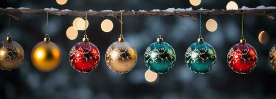 Christmas Ornament on beautiful winter scenery, Xmas Ball, copy space, AI Generative photo