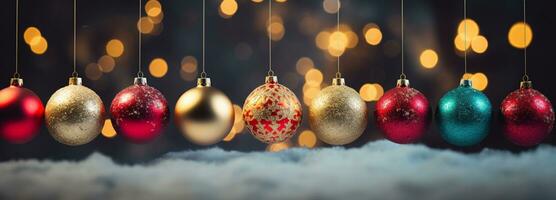 Christmas Ornament on beautiful winter scenery, Xmas Ball, copy space, AI Generative photo