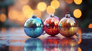 Christmas Ornaments bokeh Defocused background, AI Generative photo