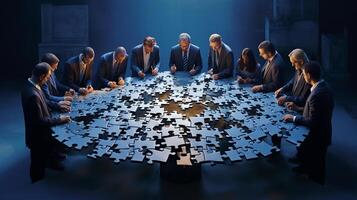 Business people working together, Jigsaw Puzzles represent businessmen work together to find solution, AI Generative photo