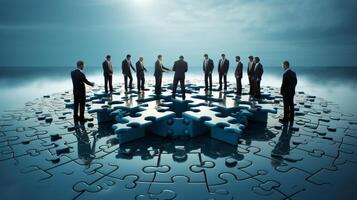 Business people working together, Jigsaw Puzzles represent businessmen work together to find solution, AI Generative photo