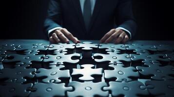 Business people working together, Jigsaw Puzzles represent businessmen work together to find solution, AI Generative photo