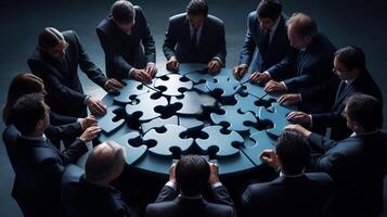 Business people working together, Jigsaw Puzzles represent businessmen work together to find solution, AI Generative photo