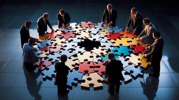 Business people working together, Jigsaw Puzzles represent businessmen work together to find solution, AI Generative photo