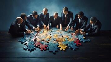 Business people working together, Jigsaw Puzzles represent businessmen work together to find solution, AI Generative photo