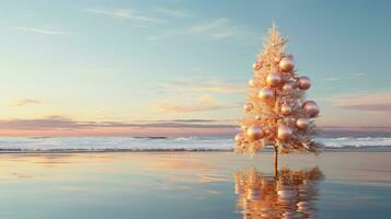 Christmas Tree on Beach, Winter Holiday Vacation, merry Christmas, copy space, greeting card, AI Generative photo