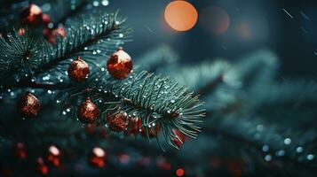 cerca arriba de iluminado Navidad árbol ornamento, invierno Días festivos decoración, Copiar espacio, saludo tarjeta, ai generativo foto