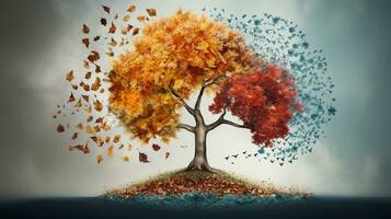 Season change on tree, represent change time through year, AI Generative photo