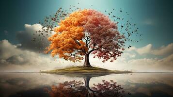 Season change on tree, represent change time through year, AI Generative photo