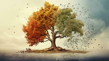 Season change on tree, represent change time through year, AI Generative photo