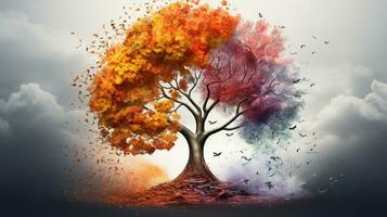 Season change on tree, represent change time through year, AI Generative photo