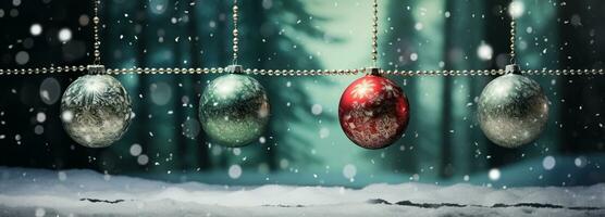 Christmas Ornament on beautiful winter scenery, Xmas Ball, copy space, AI Generative photo
