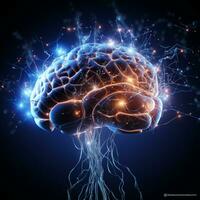 Human brain nervous system and glowing neurons, science concept, AI Generative photo