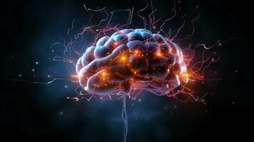 Human brain nervous system and glowing neurons, science concept, AI Generative photo