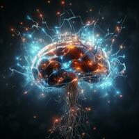 Human brain nervous system and glowing neurons, science concept, AI Generative photo