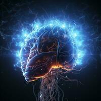 Human brain nervous system and glowing neurons, science concept, AI Generative photo