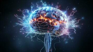 Human brain nervous system and glowing neurons, science concept, AI Generative photo