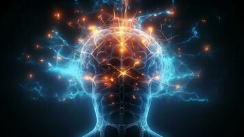 Human brain nervous system and glowing neurons, science concept, AI Generative photo