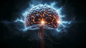 Human brain nervous system and glowing neurons, science concept, AI Generative photo