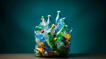 Plastic waste garbage used bottle, AI Generative photo