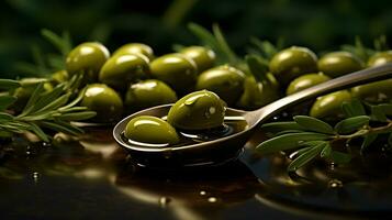 olive oil in a spoon with green olives on dark background photo