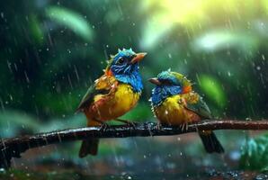 un par de hermosa aves en el bosque con gotas de lluvia y naturaleza borroso antecedentes. generativo ai foto