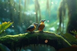 a pair of beautiful birds in the forest with raindrops and nature blurred background. generative ai photo